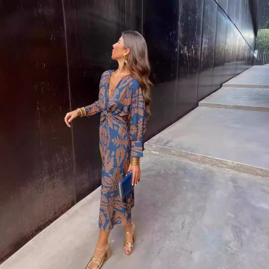 Vrouwen Vintage Bloemenprint Maxi Jurk Boho 3/4 Mouw Oversized Lange Jurk Casual Harajuku v-hals Vakantie Jurk Elegant Gewaad