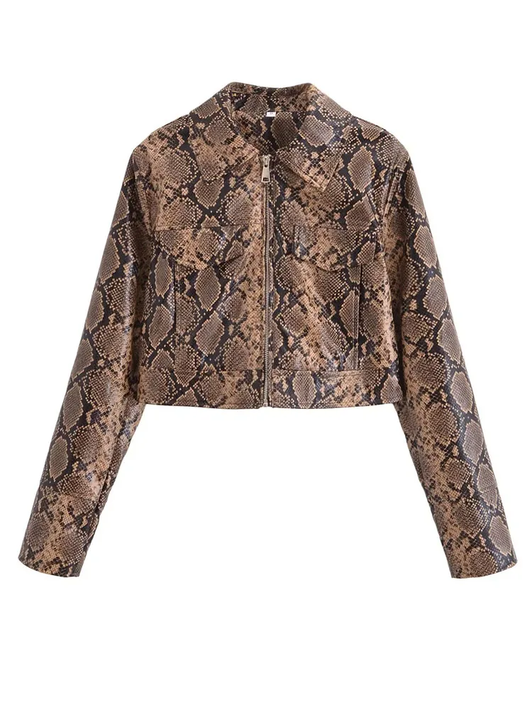 KAOPU ZA Women snake print faux leather jacket vintage long sleeve lapel collar zipper-up female outerwear chic tops