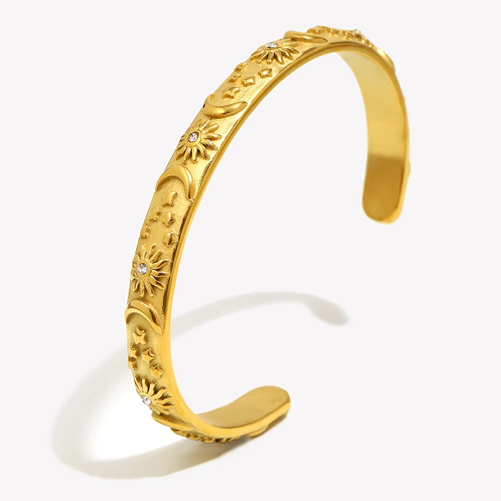 E.B.belle Classic Sun Moon Star Opening Bracelet Chunky 18 Gold Plated Tarnish Free Stainless Steel Jewelry