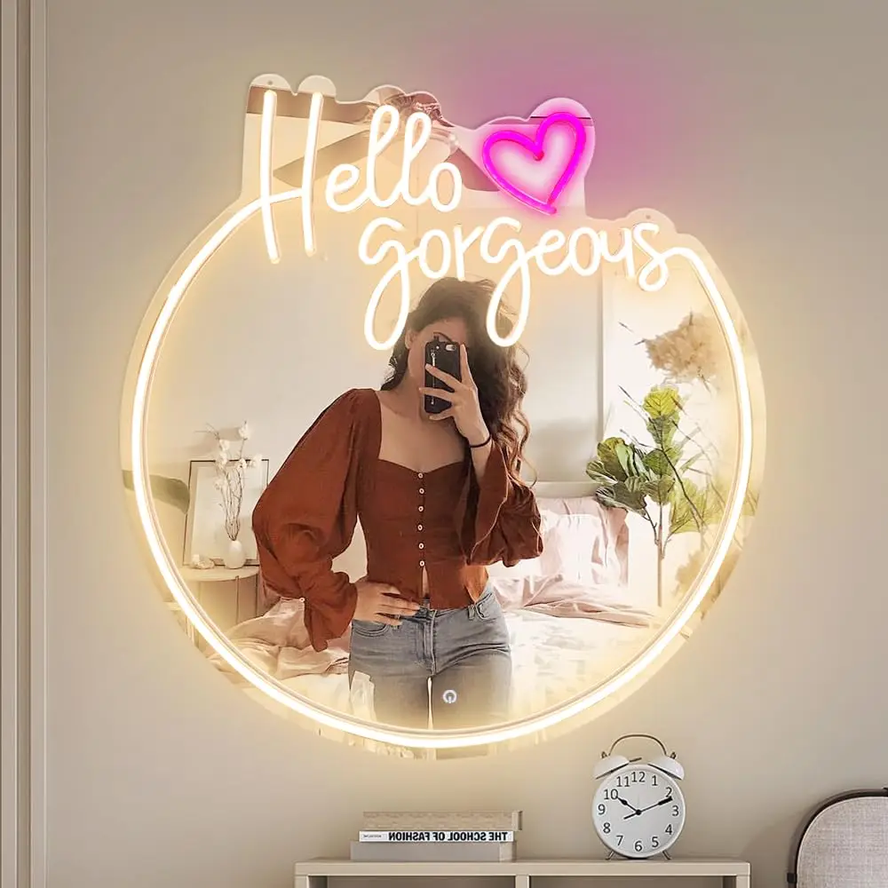  Hello Gorgeous Mirror LED Neon Sign USB Dimmable Neon Light Sign for Gameroom Bedroom Bar Livingroom Party Gift Wall Gift