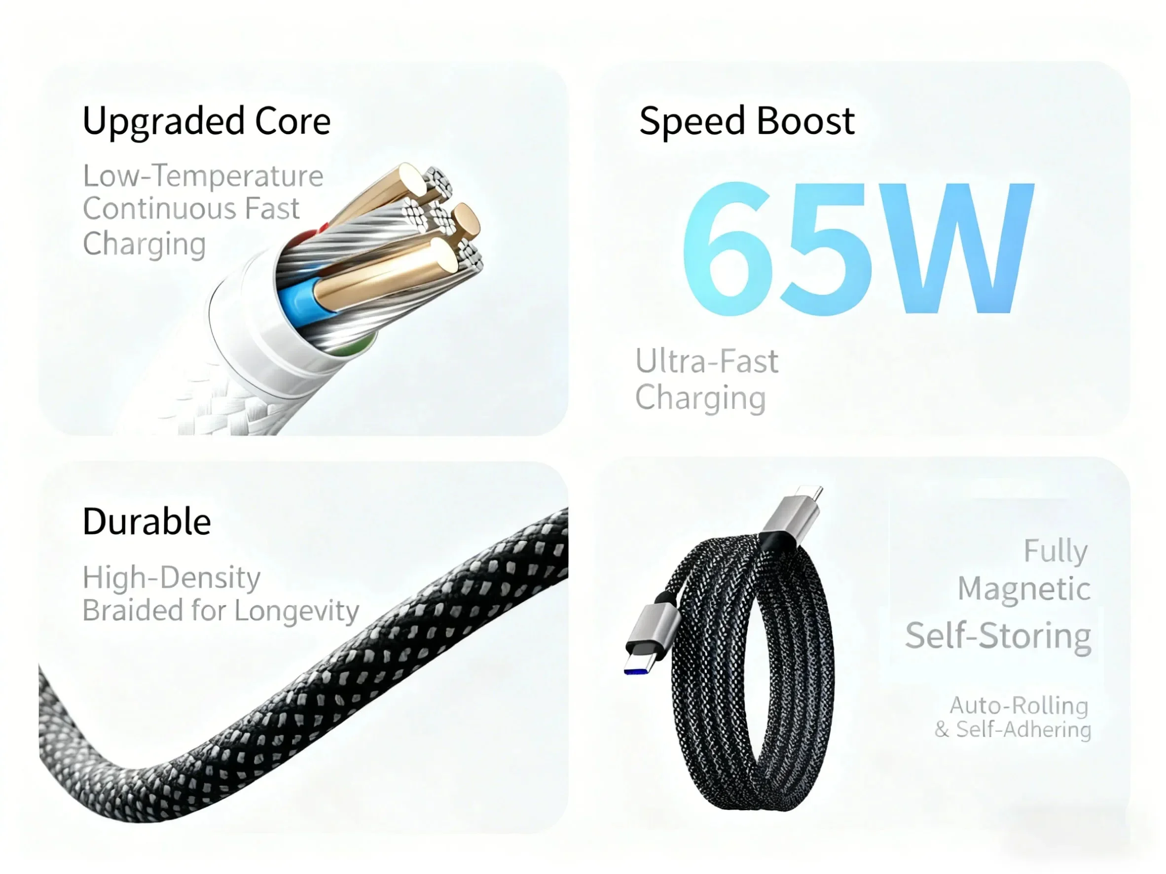 65W Magnetisches USB-C-auf-Typ-C-Ladekabel, Nylon-Geflecht, Anti-Wickel-Datenkabel, schnelles Laden 3.0 für iPhone, Samsung, Huawei – Detail 2