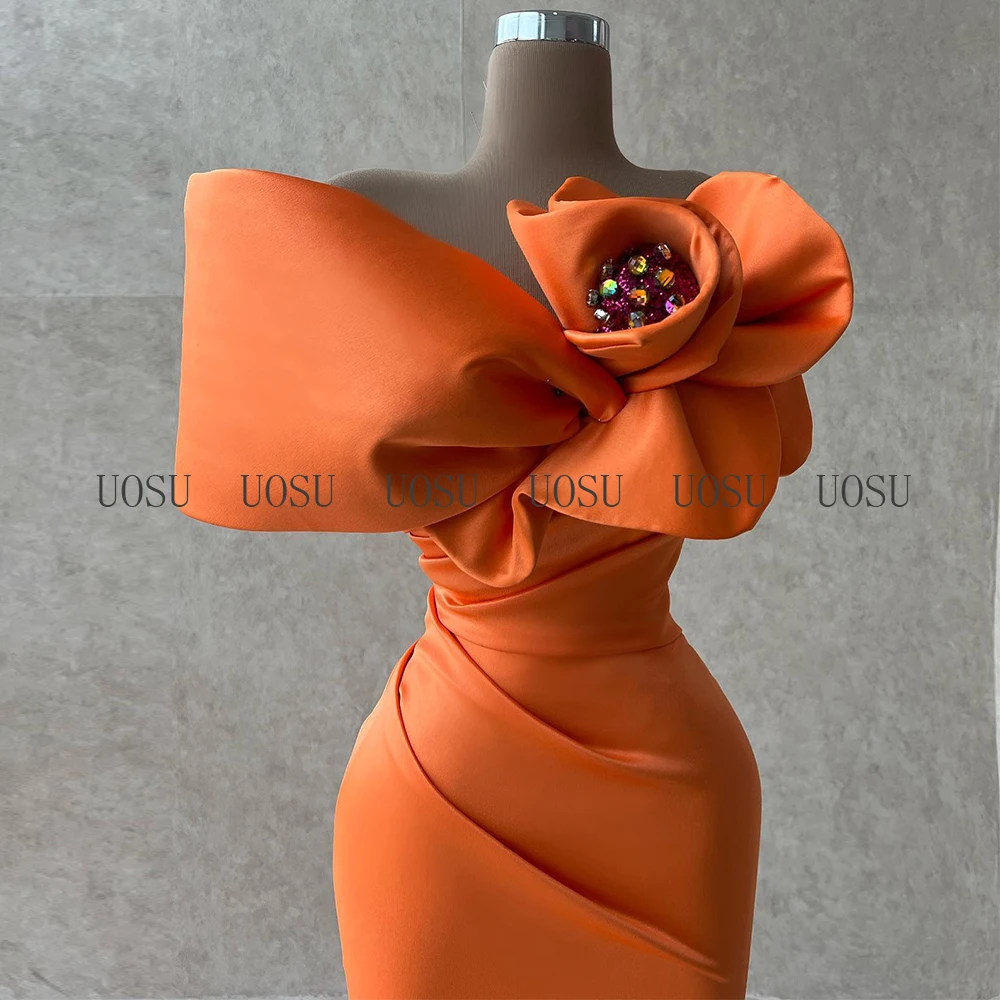 Orange Mermaid Prom Dresses 2022 Off Shoulder 3D Flower Elegant Prom Gown for Women Long Pleat Ruffle Sexy Wedding Party Dresses