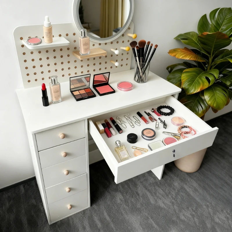 LED Mirror Vanity Table, Modern Makeup Desk with Large Storage Drawers, Compact Dressing Table for Small Bedrooms
