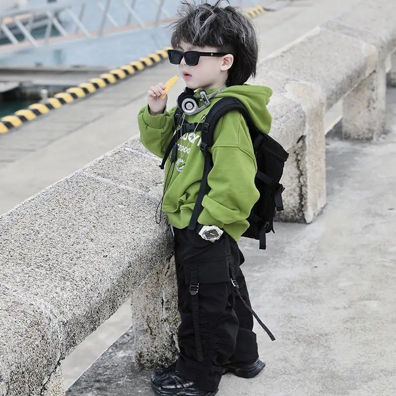 Fashion Boys Suits Autumn Letter Pullover Green Hooded Top+Pocket  Loose Pants 2pcs Kids Sets Casual Sportwear Handsome Clothes