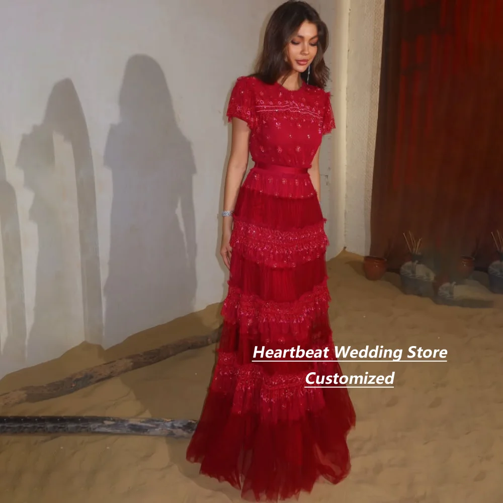 Vestido de tul burdeos personalizado para la madre de la novia, de manga corta, con cuentas, volantes escalonados, largo, para invitadas a bodas.