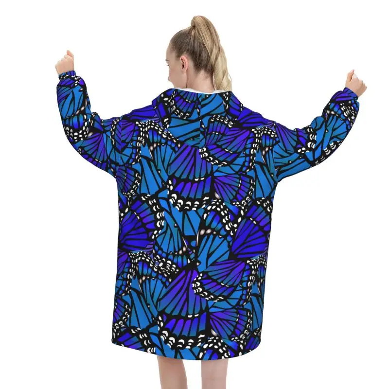 Butterfly Wings Blue Blanket Hoodie Women Wearable Oversized Pullover Sweatshirt Warm Fleece Sherpa Hooded Blanket with Pockets
