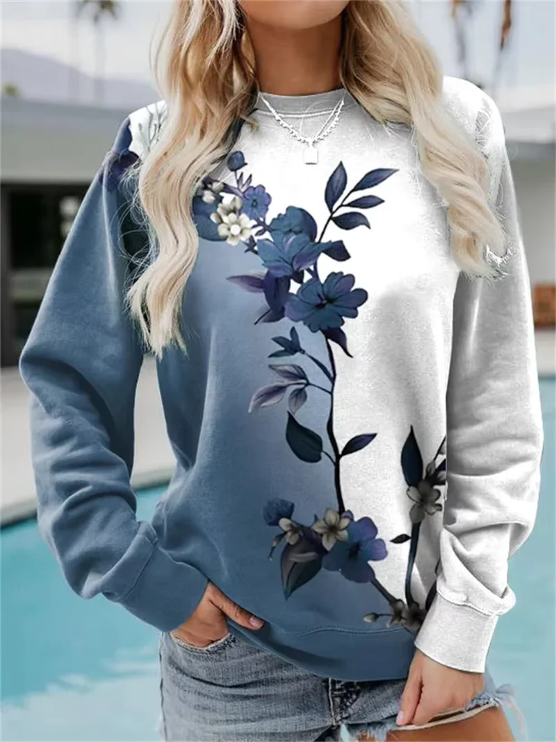 Flowers 3D Print Sweatshirts Women Round Neck Pullover Casual Fashion Hoodie Ladies Long Sleeves Tops Oversized Woman\'s Clothing