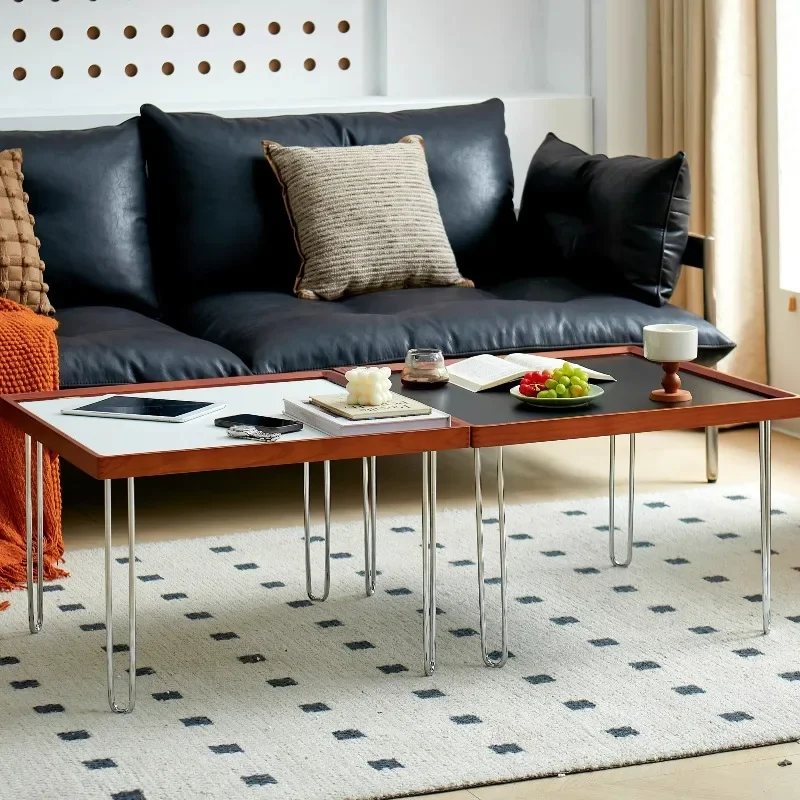 Modern Nested Square Coffee Table Dual Color Tabletop Wood Frame Metal Legs Multifunctional Living Room Center Table Home Deco