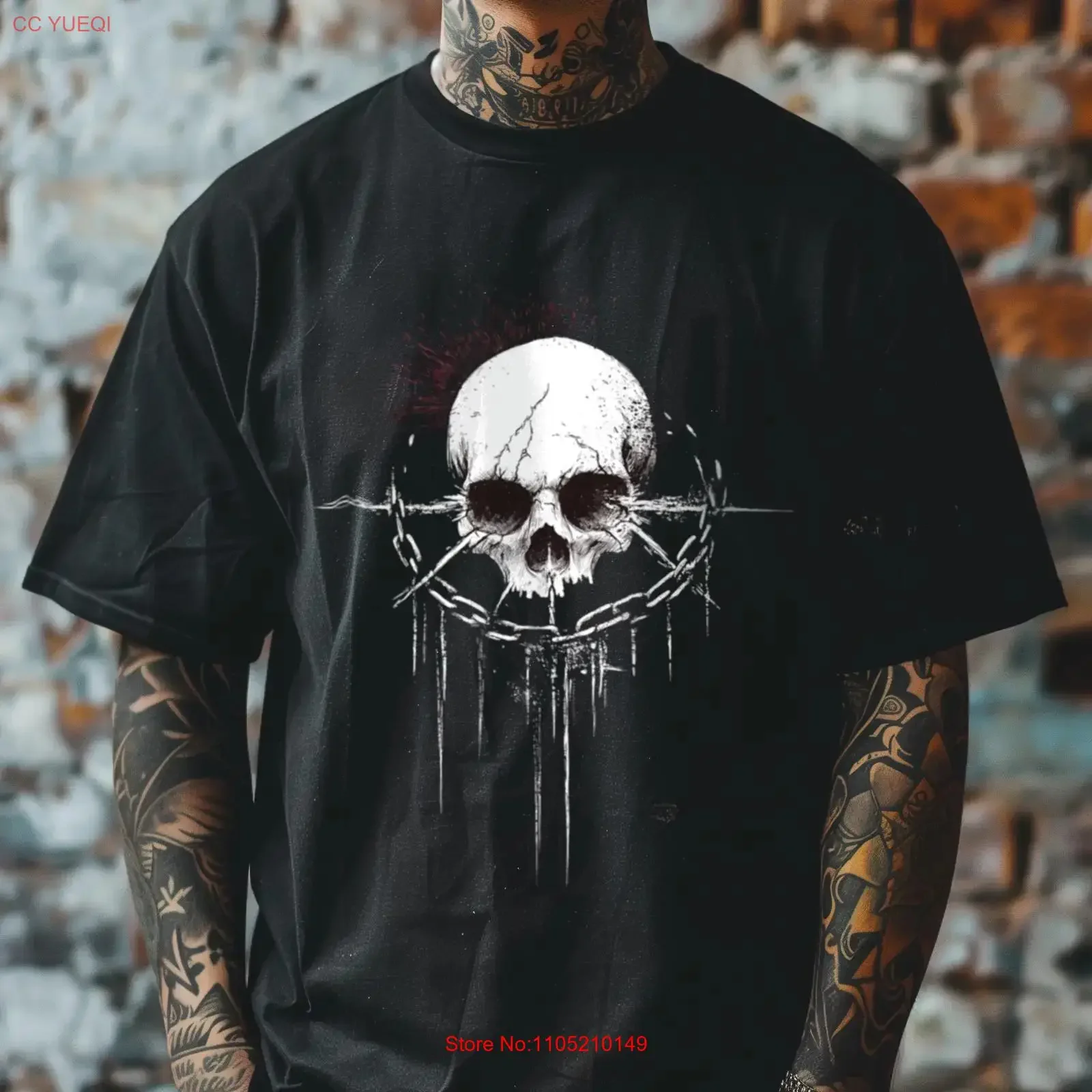 Gothic Skull Chain T Shirt Horror Skeleton Black Metal Alternative Dark Academia Folk Grunge Weirdcore Idea vintage Washed