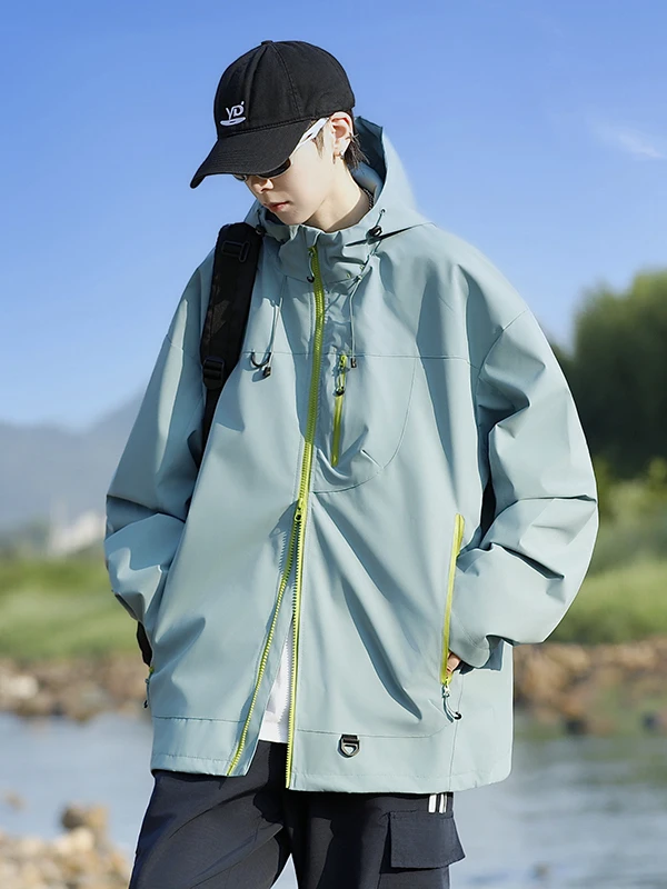 ユニセックスアウトドアフード付きジャケット2025新スタイル三防ルーズフィットプルオーバーコートユースポリエステル繊維防風長袖ジッパー開閉