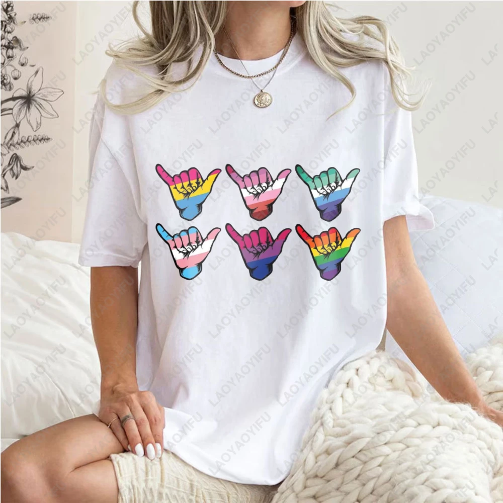 Rainbow Hand Sign Print Tshirt Funny Pride Month Casual Style Women's T-Shirt Summer Cotton O-neck Tees Popular Streetwear Top