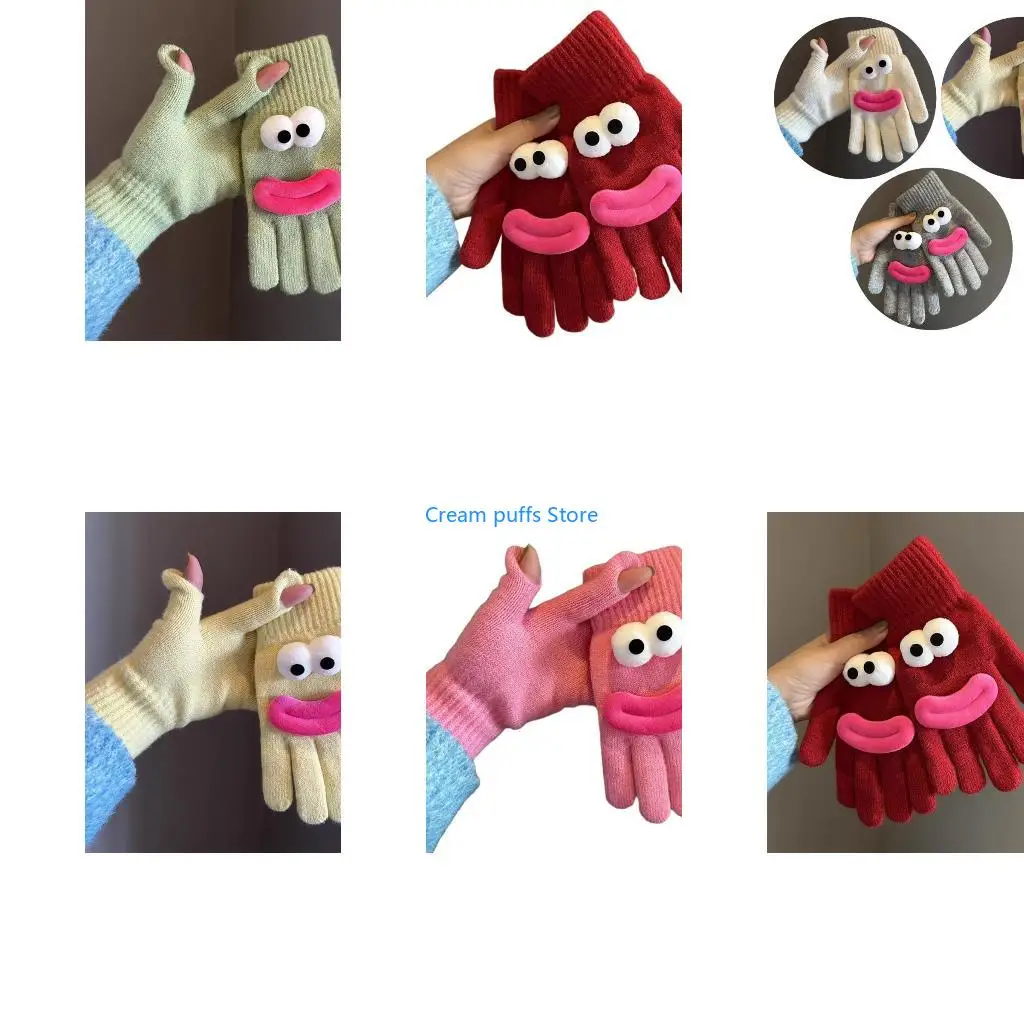 50LE 3D Sausage Mouth Gloves with Screentouch Finger Elastic Cuffs Gloves Thicken Hand Warmer for Writing Reading Daily Use