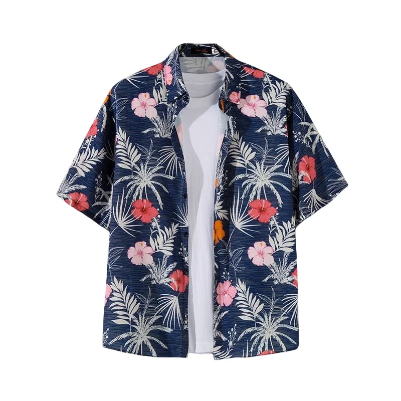 Men's Summer Seaside Vacation Hawaiian Retro Short Sleeve Flower Shirt Travel Casual Loose Handsome Beach Floral Shirts Jacket