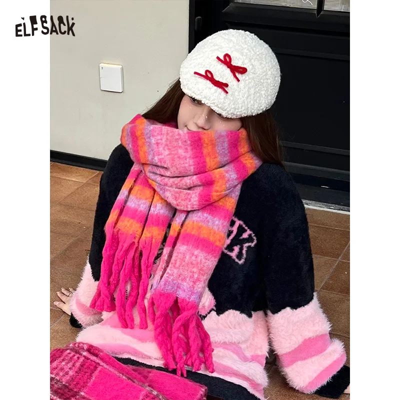 

ELFSACK Sweet Rose Pink Plaid Color Block Striped Braid Fringe Scarf For Women