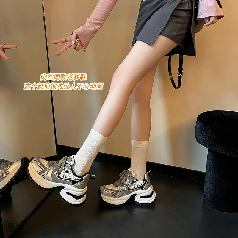 2024New Academy StyleCasual Thick Sole Dad Shoes Silver Gray Mesh Panel Sports Shoes SmallTall Heel Lace up Women's Single Shoes