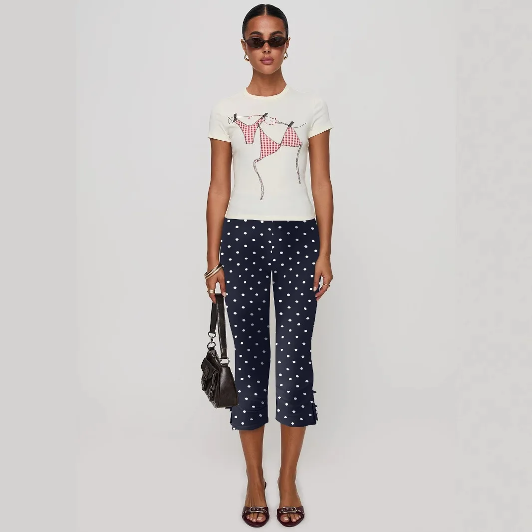 2026 Women Color Block Square Neck Twisted Slim Long Sleeve Top Bowknot Elastic Waist Split Flare Capri Pants Casual Matching