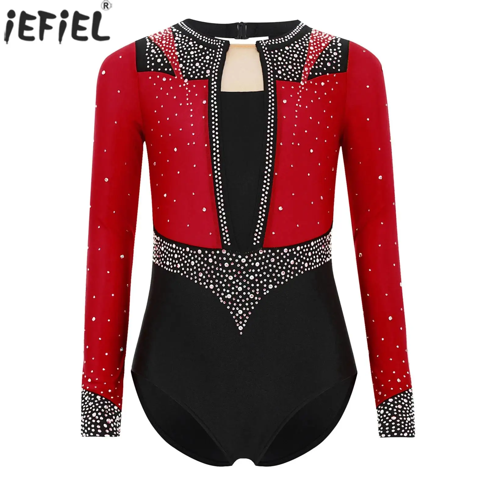Girls Ballet Dance Gymnastics Leotard Figure Skating Acrobatic Stage Performance Costume Shiny Rhinestones Long Sleeve Bodysuit