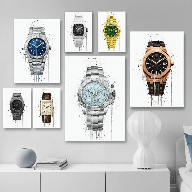 Frameless Canvas Painting Luxury Classic Wristwatch Posters Minimalist Watercolor Splash Art Modern Prints Canvas Painting Wall