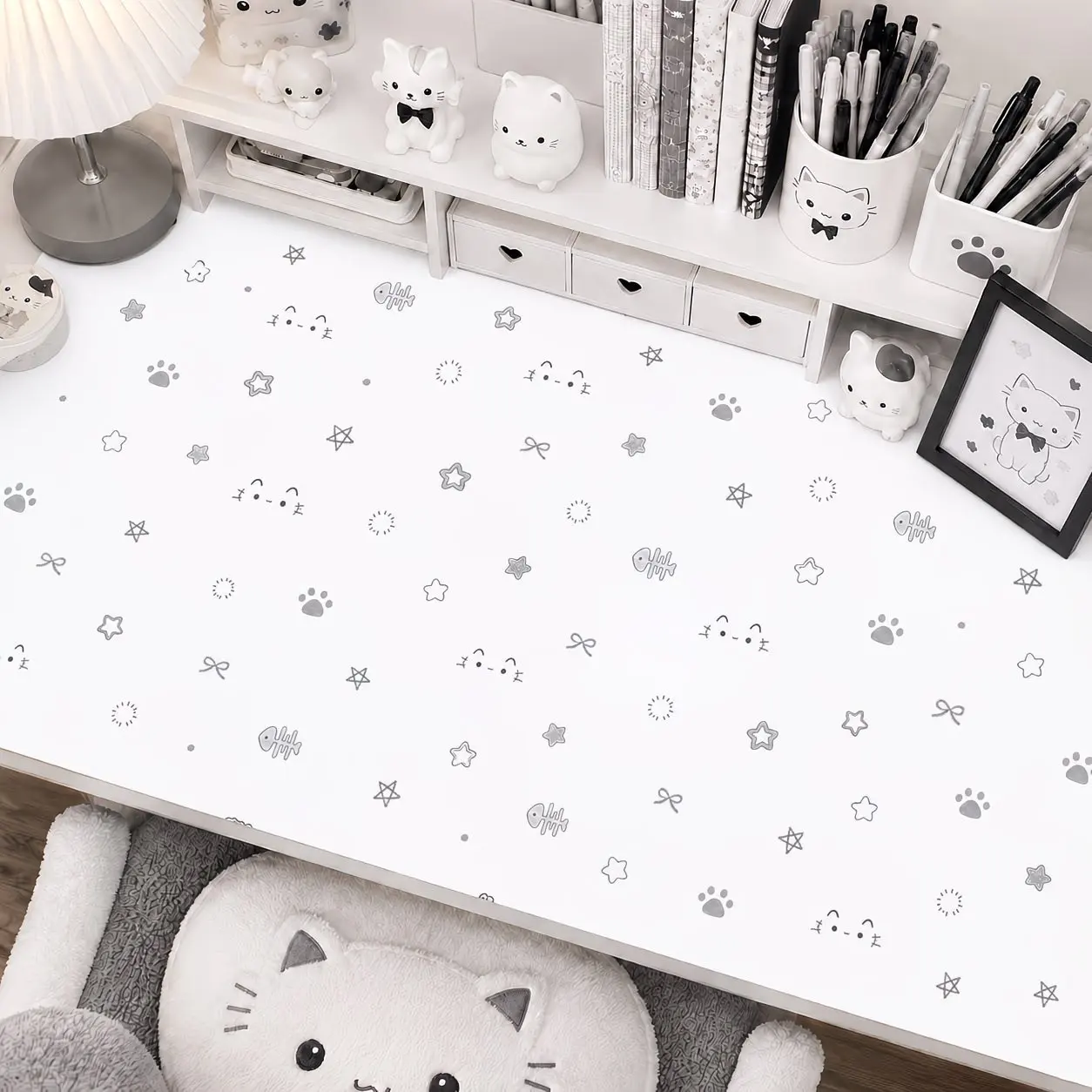 Leather Desk Pad Protector INS Cute Black White Star Cat Paw Mouse Pad Office Desk Mat Waterproof Non-Slip PU Desk Blotter Pad