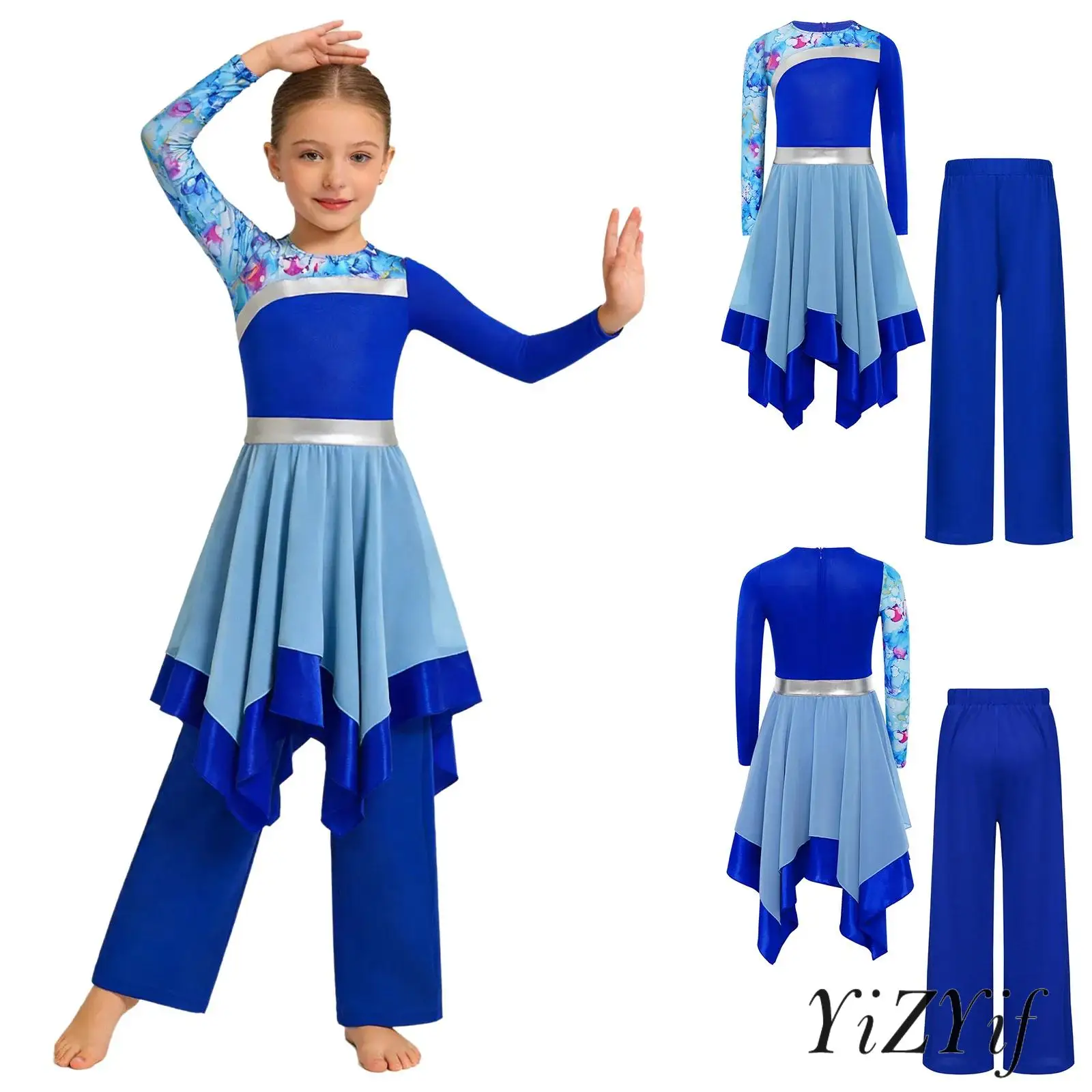 

Kids Girls Praise Lyrical Dance Set Long Sleeve Back Zipper Patchwork Color Block Dress And Wide Leg Pants Modern Dancewear