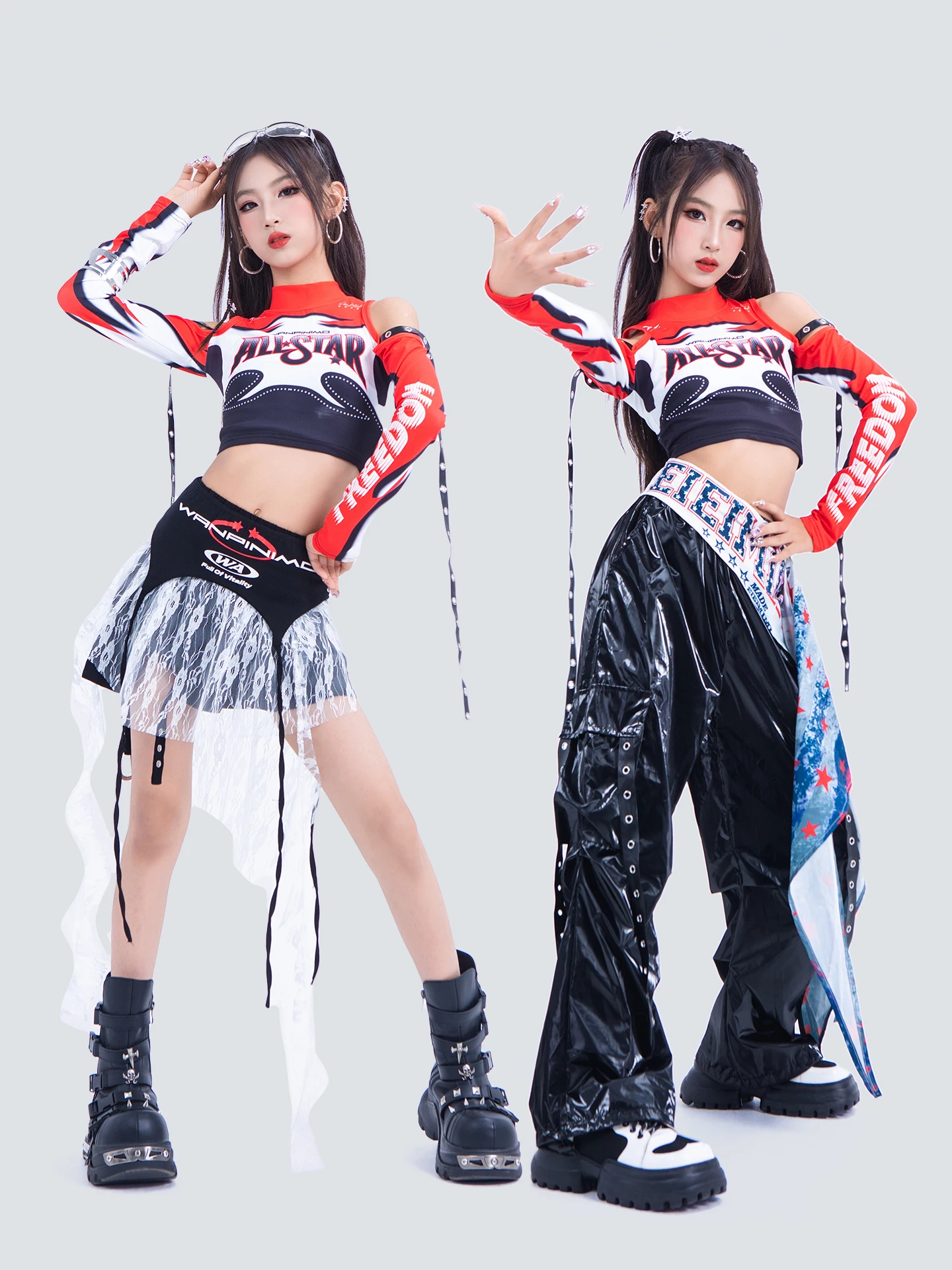 ชุดการแสดงเต้นแจ๊สสมัยใหม่สำหรับเด็กปี 2025 สำหรับเด็กผู้หญิง เสื้อครอป กางเกงหนัง ชุดสตรีทแวร์ ฮิปฮอป รุ่น XH3816