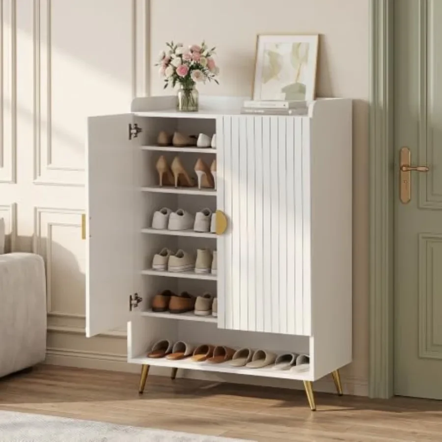 Shoe Storage Cabinet w/Doors for Entryway, Steel Frame MDF, Matte Black, Space-Saving with Adjustable Shelves Sturdy Metal Legs