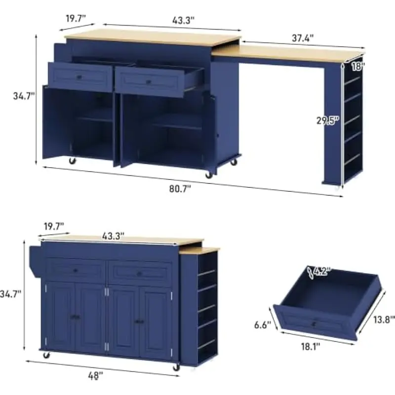 80-inch to 48-inch adjustable mobile kitchen island featuring pull-out dining surface, integrated power socket with USB port, du