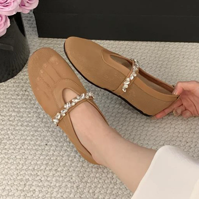 Round Toe Rhinestone Decor Mary Jane Shoes Women Mesh Breathable Ballet Shoes Spring Autumn Vacation Flat Bottom Single Shoes