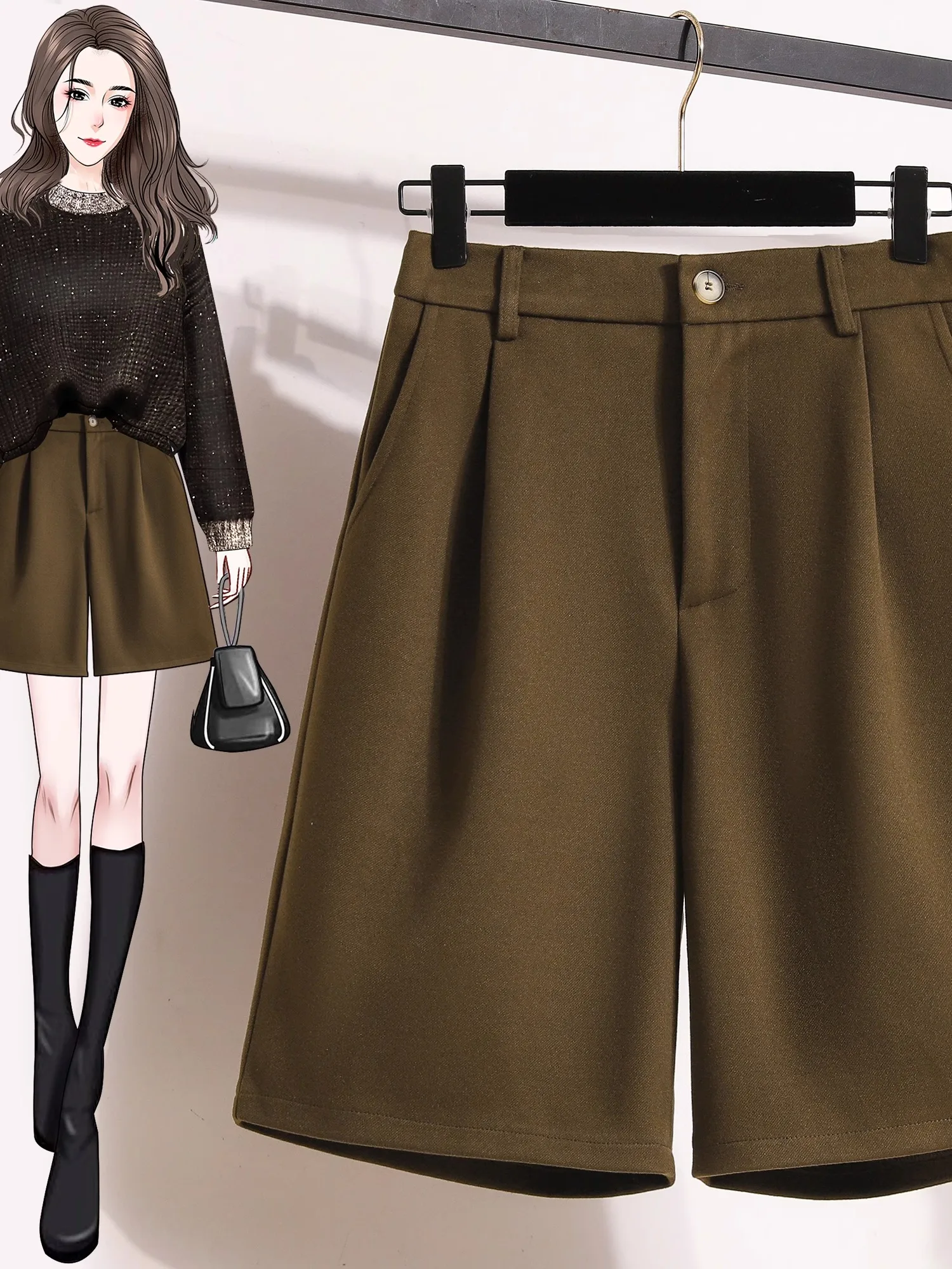 plus Size Women's Tweed Shorts Autumn Fashion High Waist Korean Style Commute Wind Wide Leg Pants Boot Cut Pants
