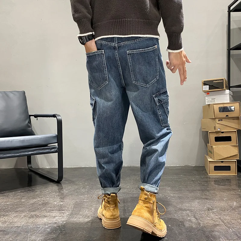 High quality long baggy cargo jeans for men big size multi pocket cotton denim casual vintage trousers new 2024 clothing - blue