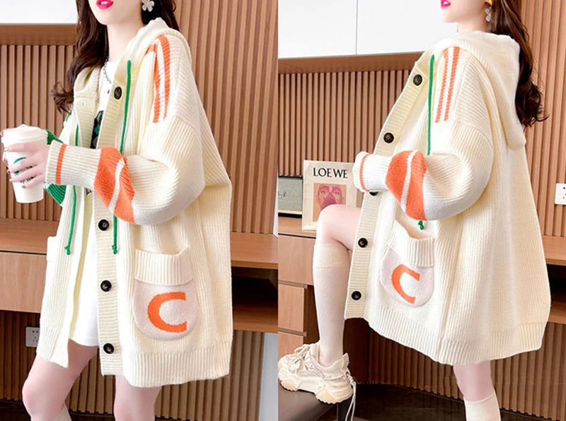 Korean Sweater Oversized knitwear Female Cardigan Spring Autumn Fashion Hooded Knit Pull Femme Casual Sweater Coat