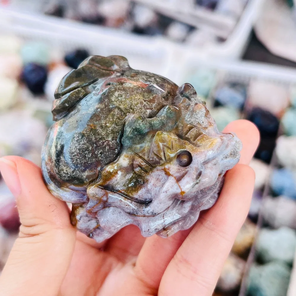 1PC Natural Ocean Jasper Stone Dragon Turtle Pixiu Carving Crystal Energy Healing Animal Figurine Home Decor Craft Holiday Gift