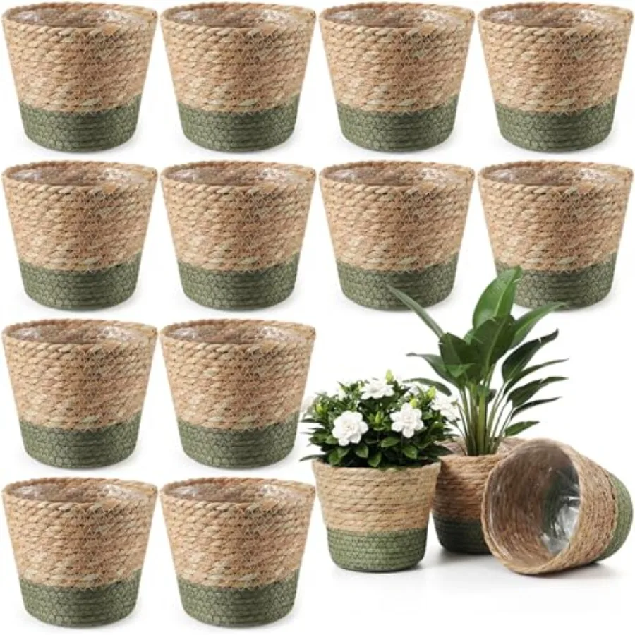 

Pcs Wicker Plant Basket with Plastic Liners Woven Stylish Planter Baskets Bulk Indoor Outdoor Seagrass Plants Woven Wicker Bask