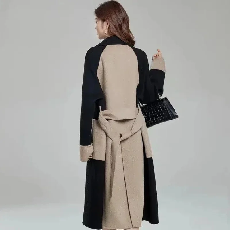 Elegant Patchwork Double-breasted Overcoat Women Long Style Slim Sashes Outerwear Autumn Winter Chic Turn Down Collar Warm Coats