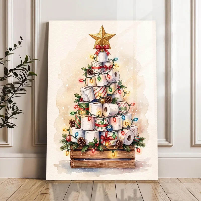Funny Toilet Paper Christmas Tree Canvas Wall Art Bathroom Holiday Decor Unframed Canvas Print Cute Festive Restroom Wall Art