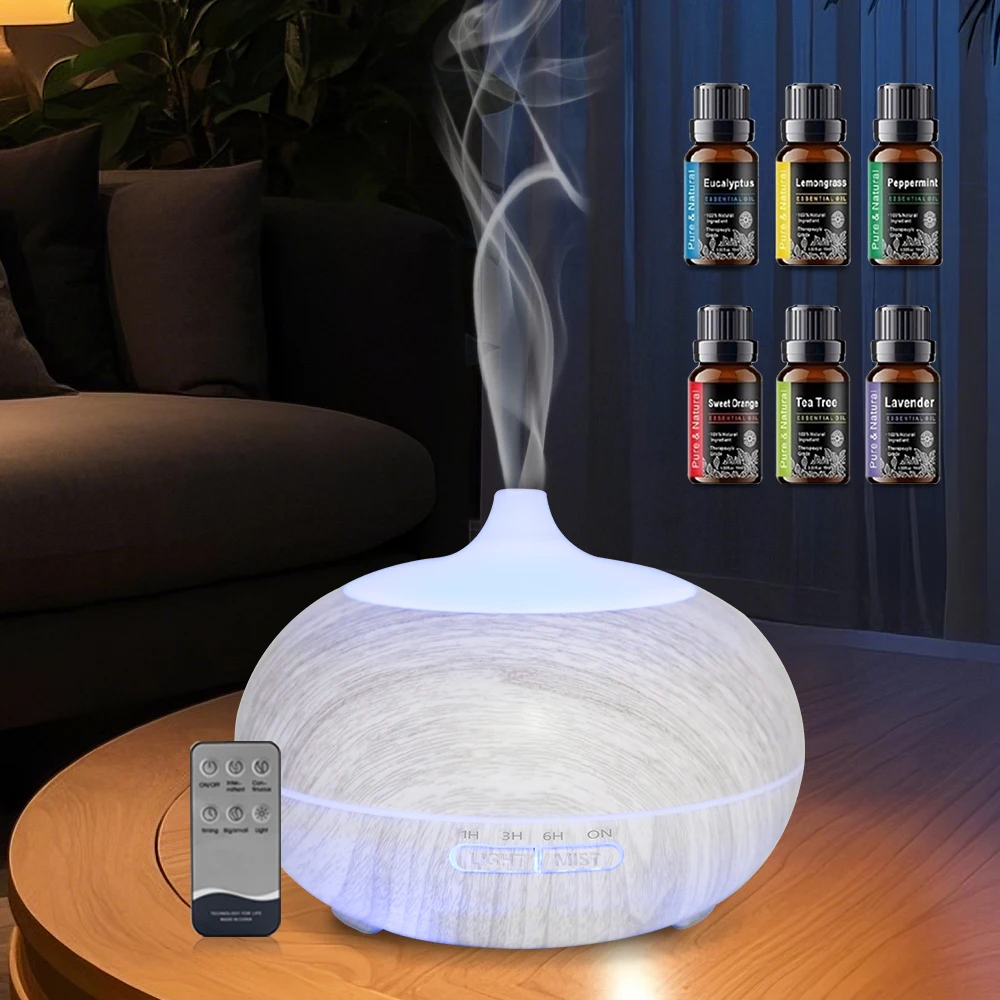 

550ml Wood Grain Aromatherapy Diffuser with Remote, 6 Essential Oils & 7 Color LED Light