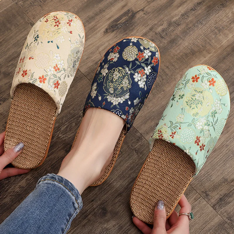 

Women's Linen Toe-Cap Casual Slippers Anti-Slip Outdoor-Indoor Wear Ethnic Style Floral Print Comfortable Soft-Soled Sandals