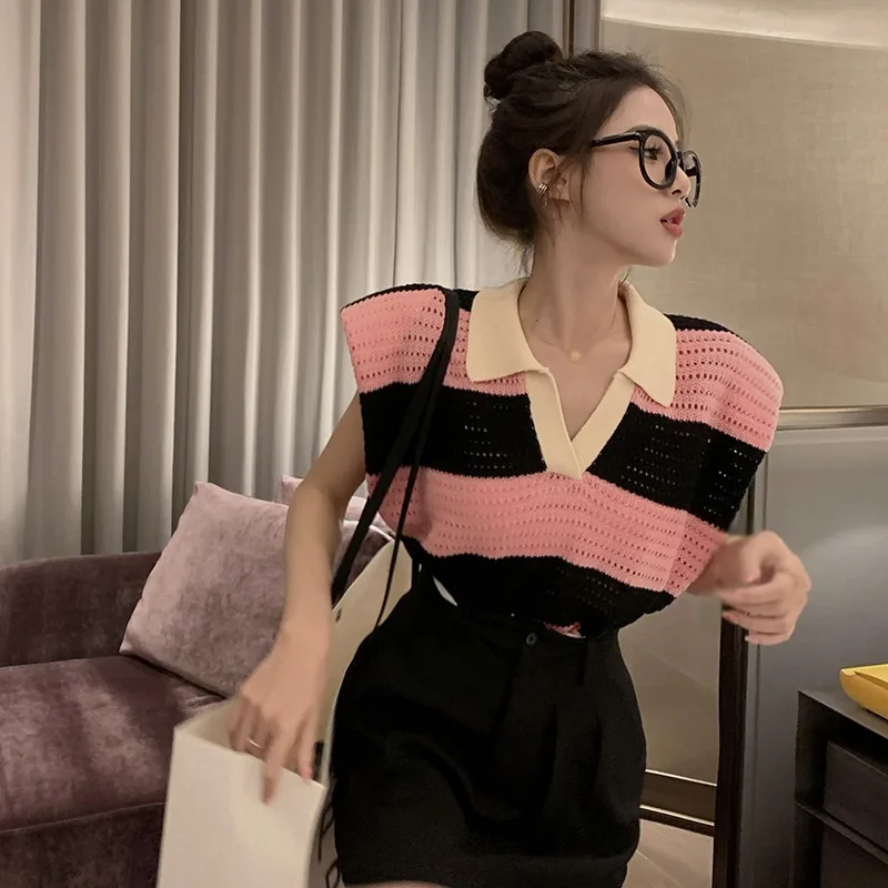 Tank Top Women Sleeveless Patchwork Knitted Striped Summer Top Korean Fashion Harajuku Streetwear Tanktop Casual  2022 New