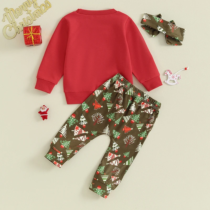 

Toddler Girls 3-Piece Set Long Sleeve Crew Neck Reindeer Elf Print Sweatshirt with Leggings Headband Christmas Outfit for Baby