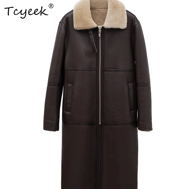 Tcyeek Real Wool Autumn Winter High End Trendy Square Collar Tie Medium Length Women's Wool Shearling Fur Coat Fourrures Femme