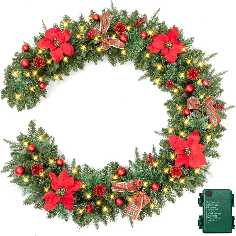 

Christmas Decoration 9FT Poinsettias Pre-lit Christmas Garland 50LED Lights Battery Operated,Red Berries Christmas Decorations