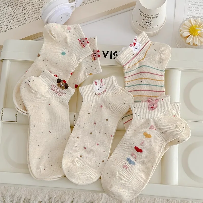 5/10 Pairs Dot Yarn النساء الجوارب القصيرة موضة لطيف الكرتون نمط الربيع/الصيف امتصاص العرق تنفس الجوارب غير رسمية