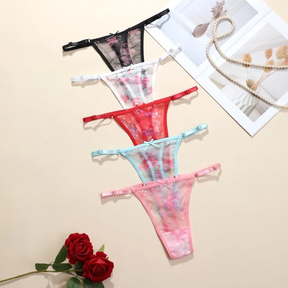 Breathable Soft Flower Printed Thongs Underpants Lingerie Low Waist Briefs Traceless T-back Panties Daily Wear