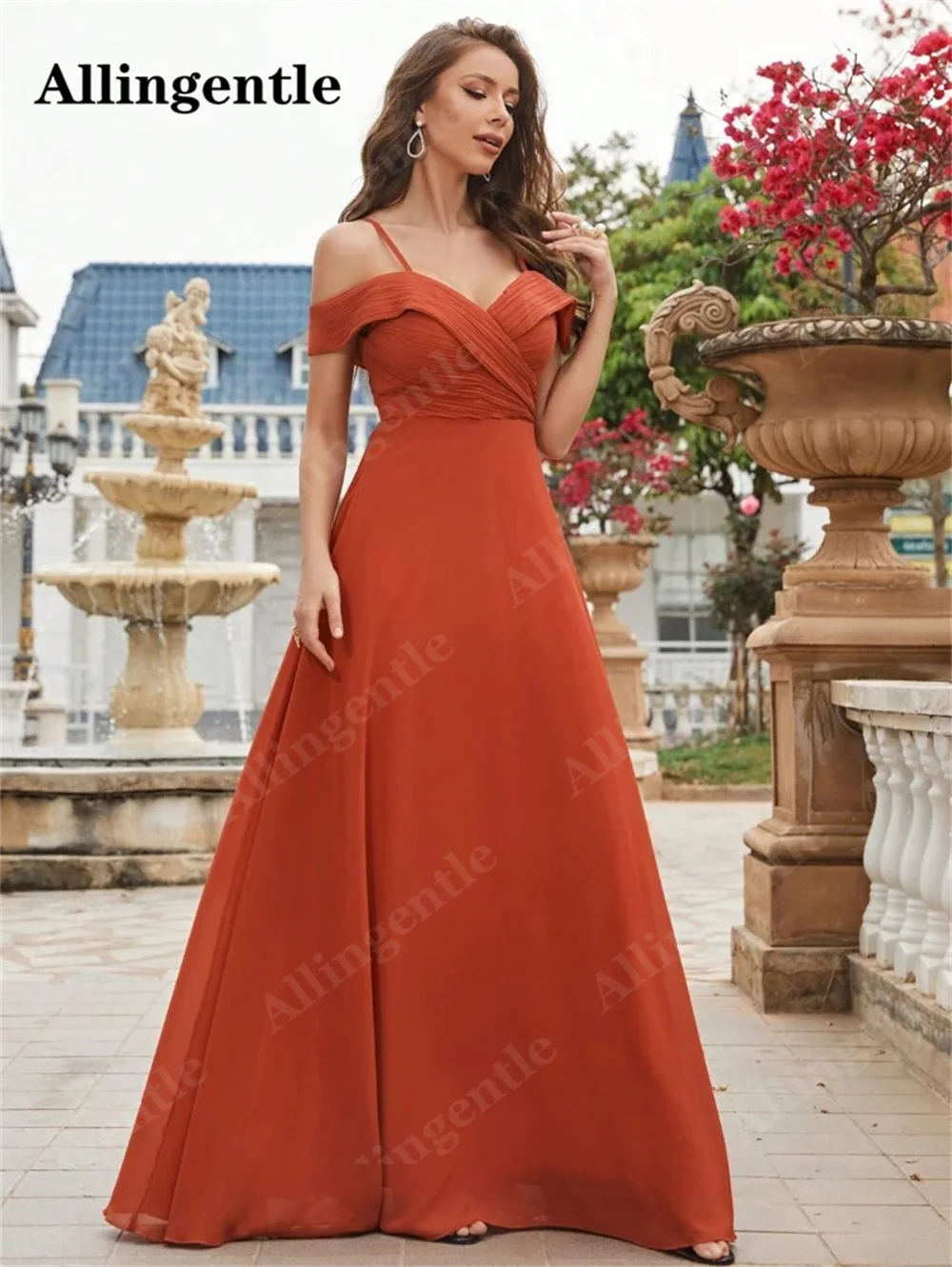 Allingentle vestido de dama de honor naranja quemado con cuello en V, gasa con tirantes finos, hombros descubiertos, línea A fruncida, vestidos de noche largos hasta el suelo