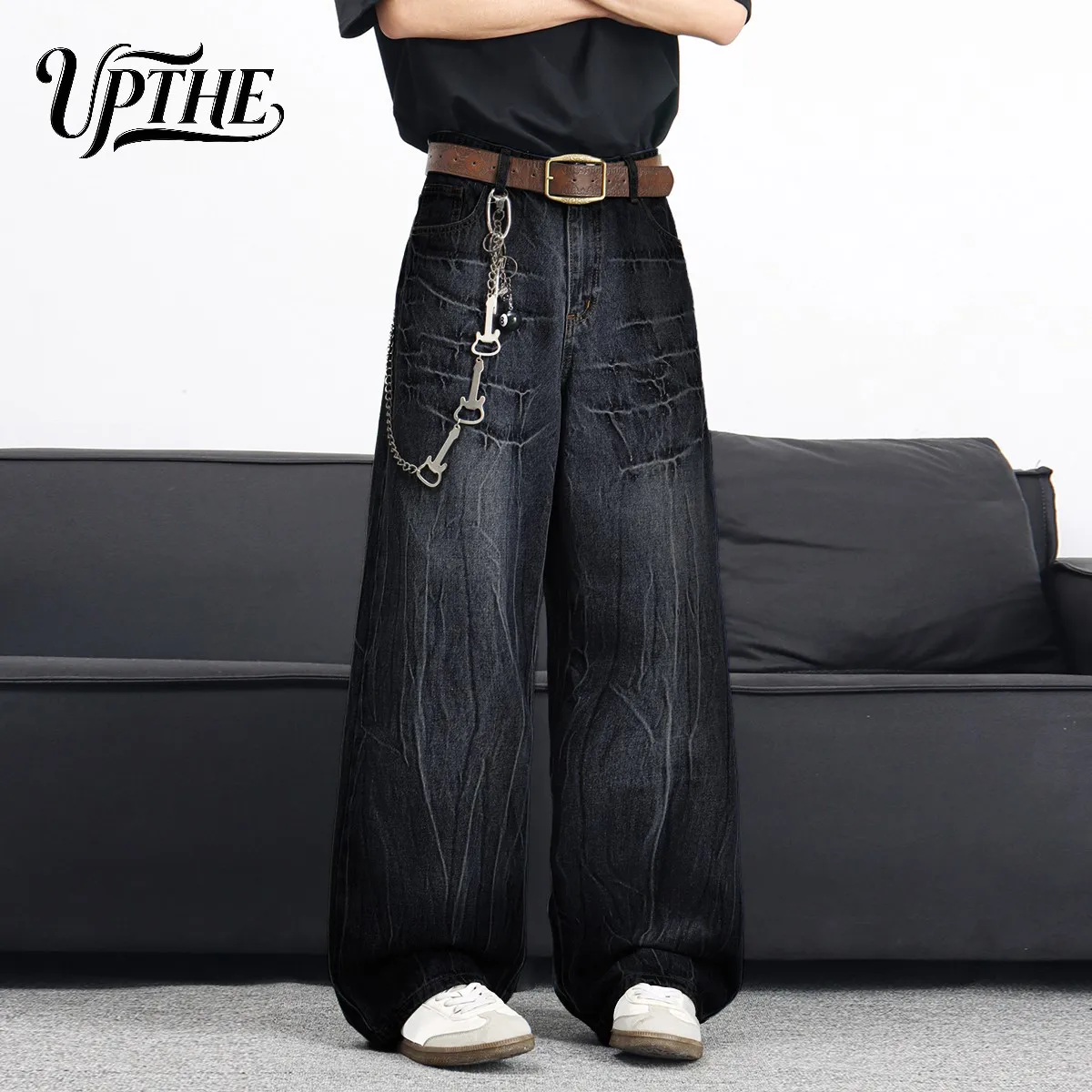 UP.THE Men Black Gradient Cracked Wash Baggy Wide Leg Jeans, Y2K Oversized Loose Distressed Denim Pants, Grunge Streetwear Trousers for Daily Outfits