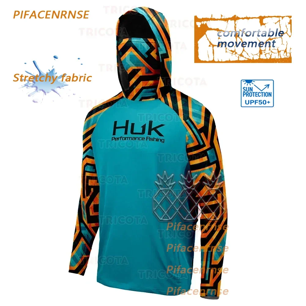 HUK Fishing Shirt Hoodie With Face Mask Men Breathable Anti Mosquito Fishing Performance T-shirts Long Sleeve Anti-uv Clothing