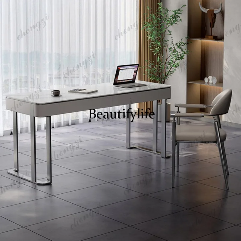 

L181 stainless steel light luxury rock slab desk household integrated computer desk simple modern office desk chair combination