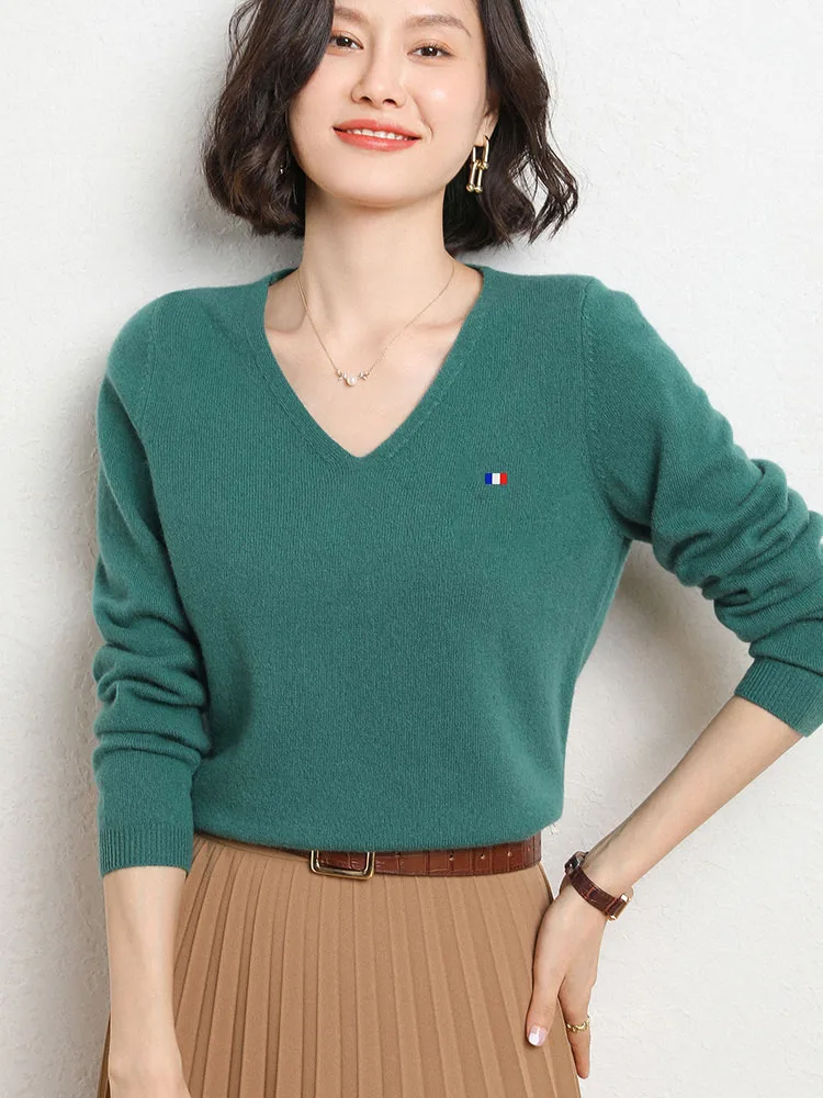 Autumn new cashmere sweater for women V-neck short pullover  sweater loose solid color long sleeve knitted Korean Knit Sweater