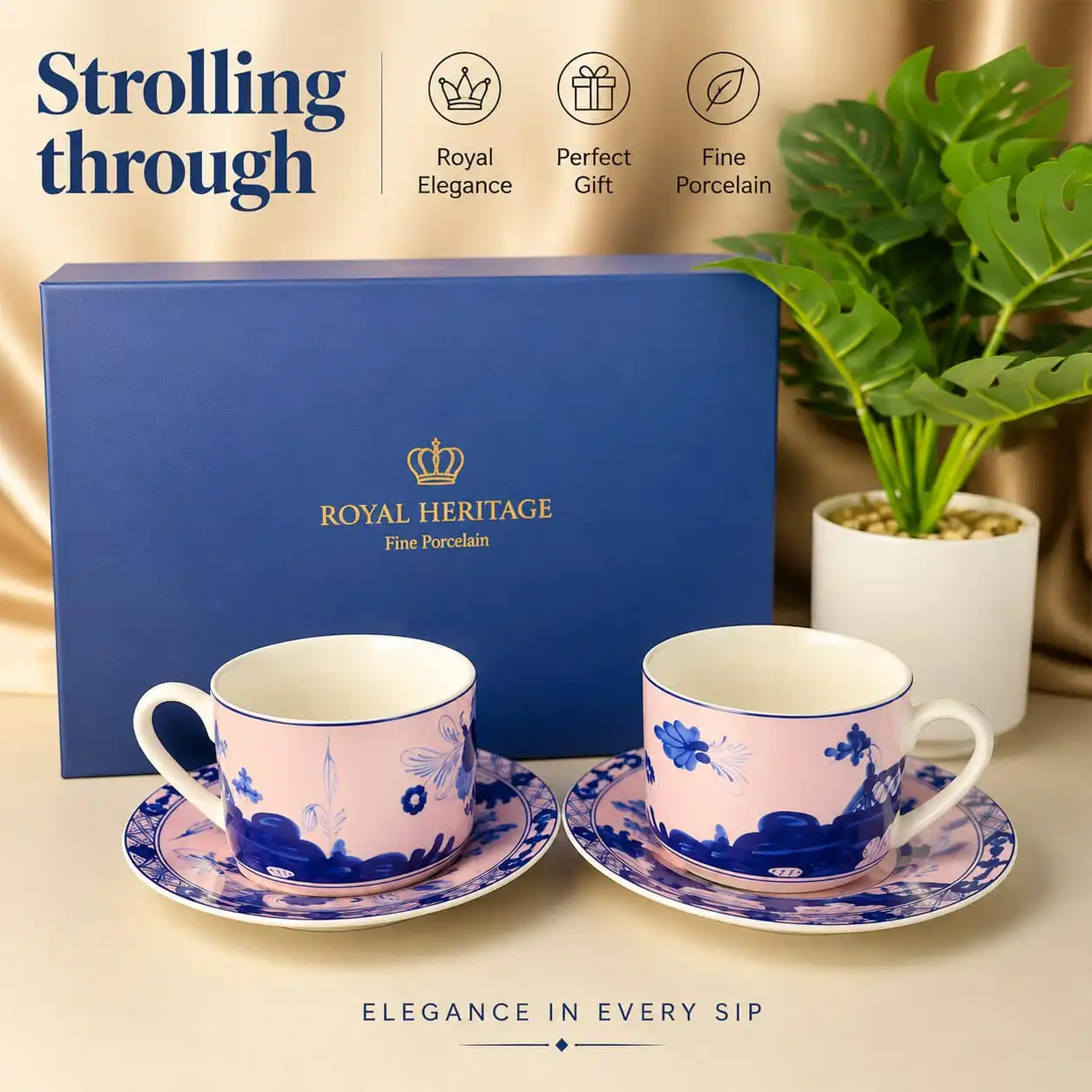 Oriental-Inspired Ceramic Coffee Cup and Saucer Set with Pink, Purple & Blue Floral Print – Gift-Ready Tea Set