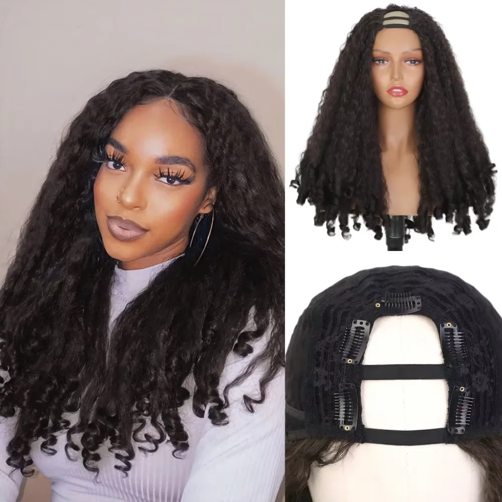 

Afro Curly U Part Wig Synthetic Braided Hair Texture with Unique Bouncy Curls in the End 24 Inch Soft Kinky Curly Full Hair Wigs